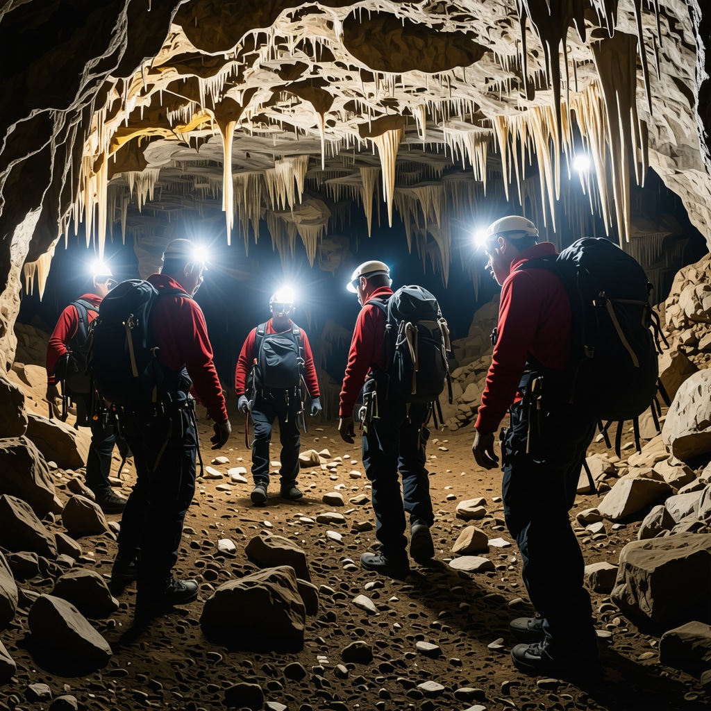Experienced spelunkers exploring large underground chambers in Skocjan Caves using headlamps and specialized equipment