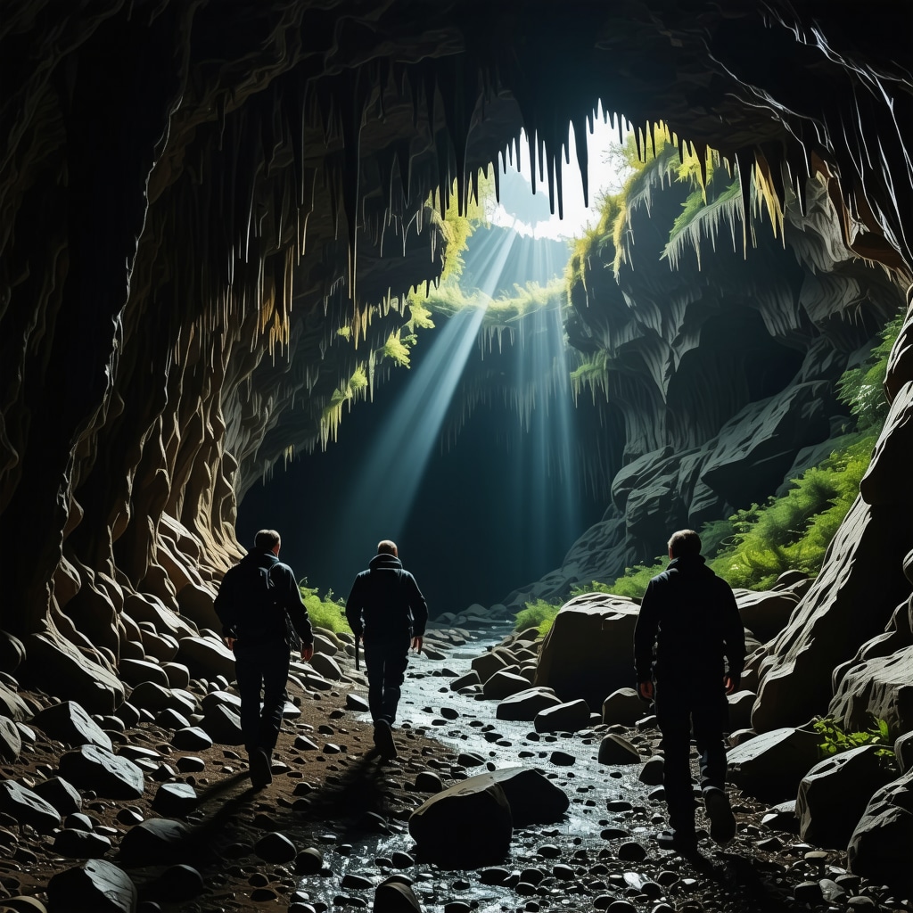 Speleologists exploring a dark cave passage with stalactites and underground river in Skocjanske caves