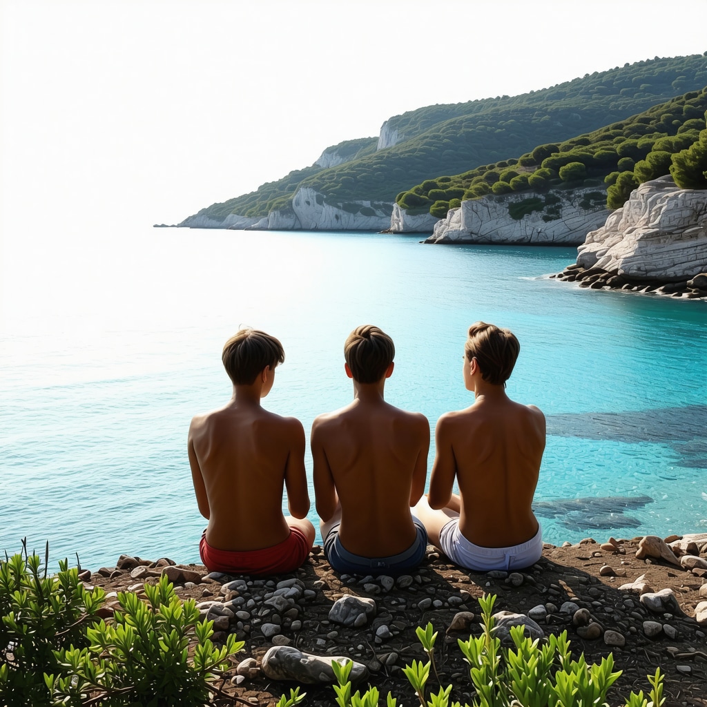 Family enjoying eco-tourism activities on a pristine beach in Rodos with clear waters and lush greenery