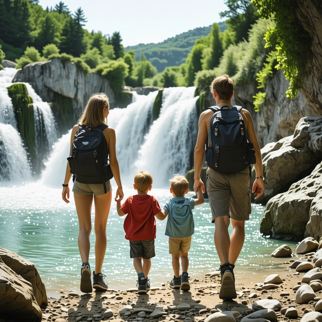 Family hiking together on a trail in Krka National Park with waterfalls and greenery