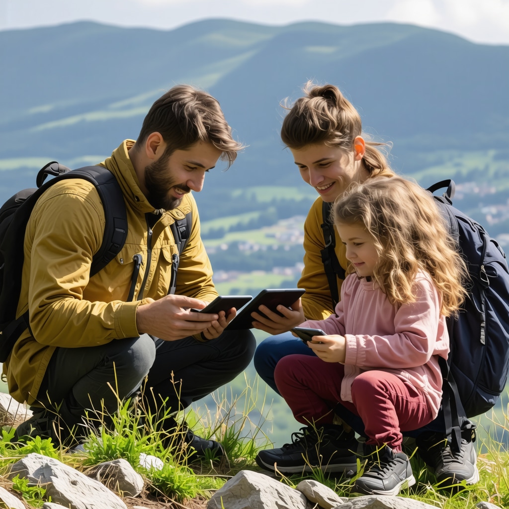 Family using digital devices in the Brașov mountains to enhance their nature experience