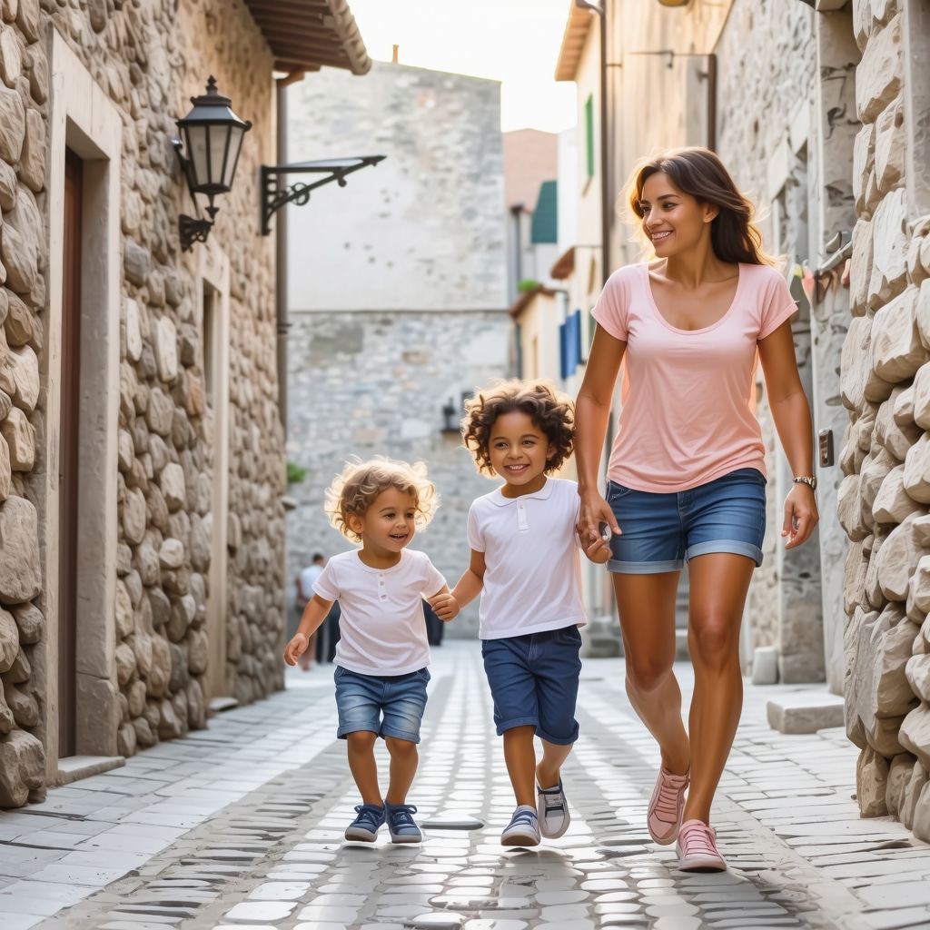 Family walking and children playing in Old Town Budva at sunset