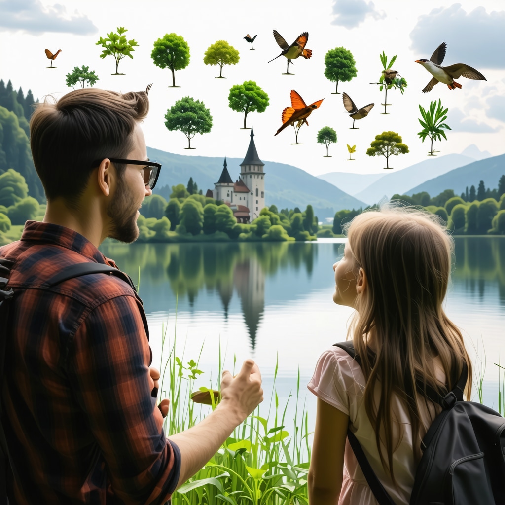 Family using augmented reality app by Lake Bled with natural scenery and castle in the background
