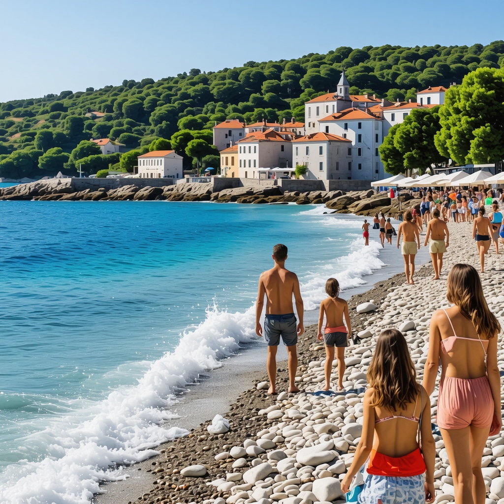 Family at the beach in Piran with historic town view in summer