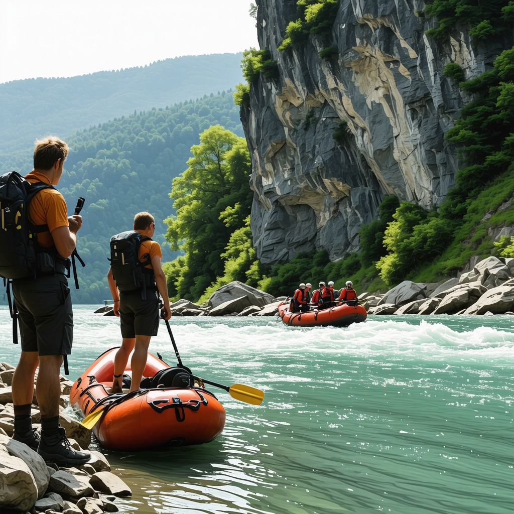 Hikers using GPS and rafting team on Drina river in Foča's mountainous terrain