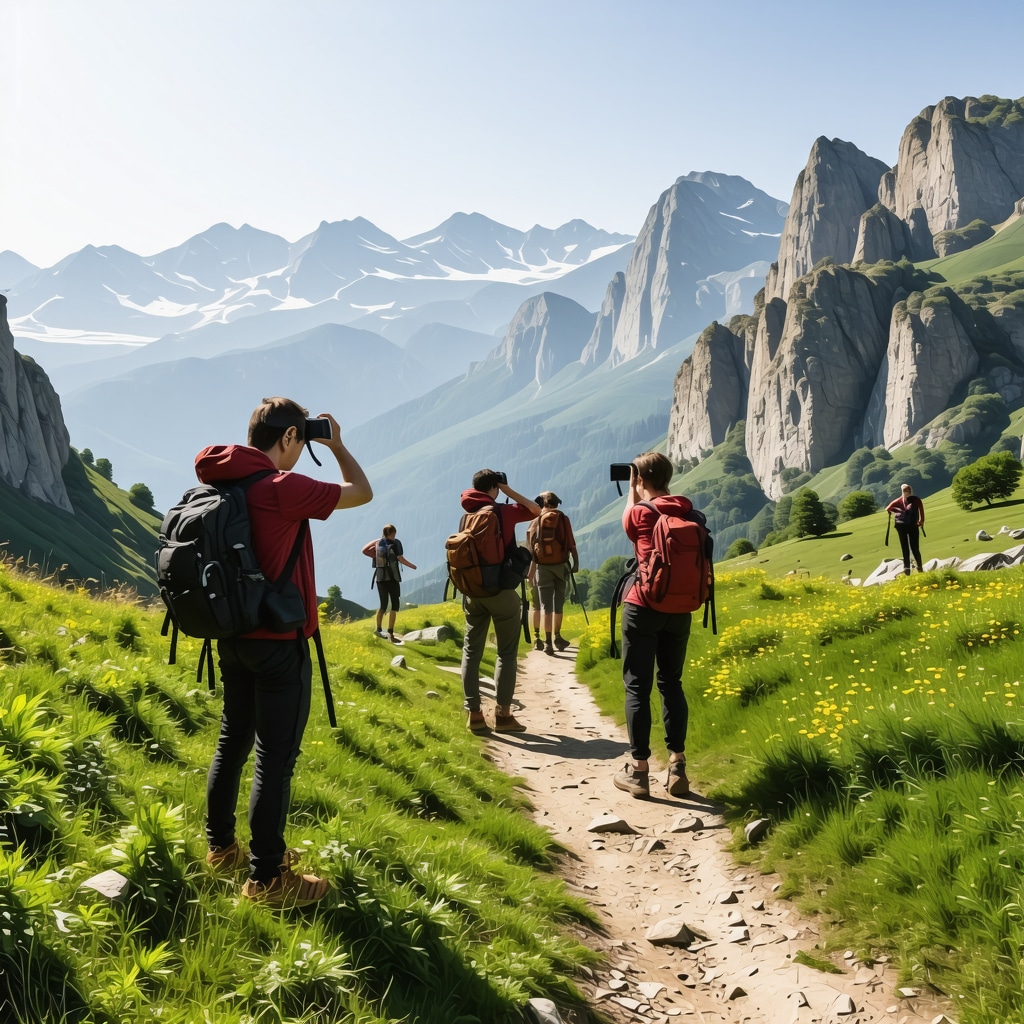 Hikers exploring Foča mountain trail using augmented reality devices amidst lush greenery and mountain vistas