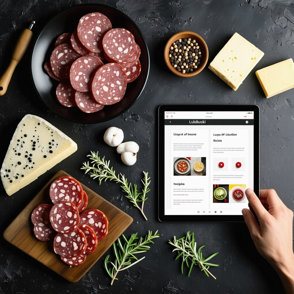 Traditional Ljubuški cured meats and cheeses with a tablet displaying digital recipes in a modern kitchen
