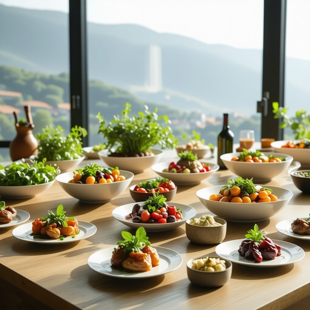 Modern Rožaje kitchen with traditional Balkan dishes and fresh local herbs, mountain landscape background