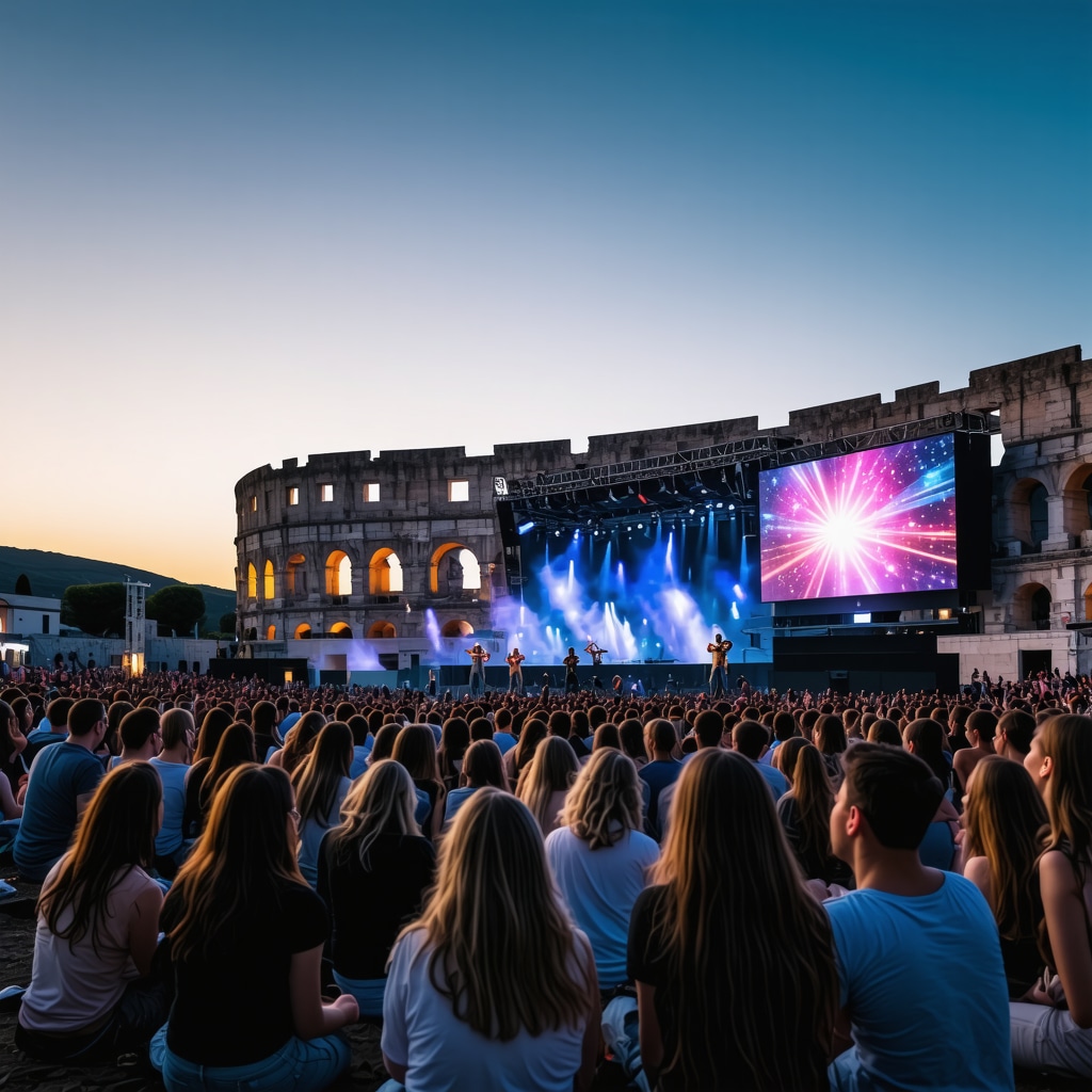 Outdoor music festival in Pula's Roman amphitheater featuring augmented reality and eco-friendly setups