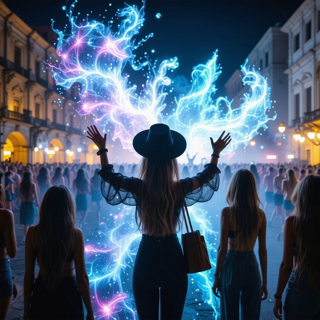 Futuristic festival in Novi Sad with holograms and eco-friendly setups blending cultural tradition and digital innovation