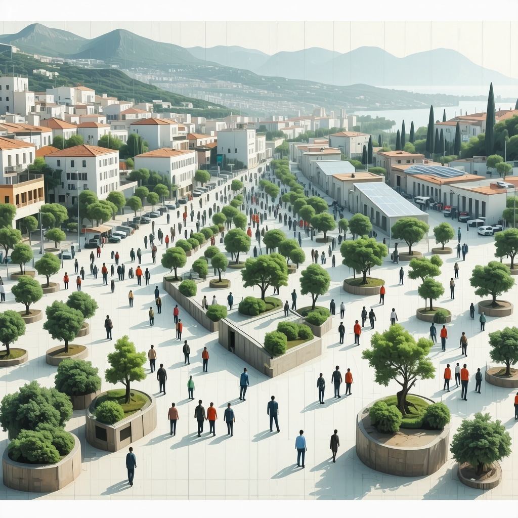 Futuristic urban landscape of Patras showcasing smart city IoT devices, solar energy, blockchain data visuals, and community participation in sustainable development