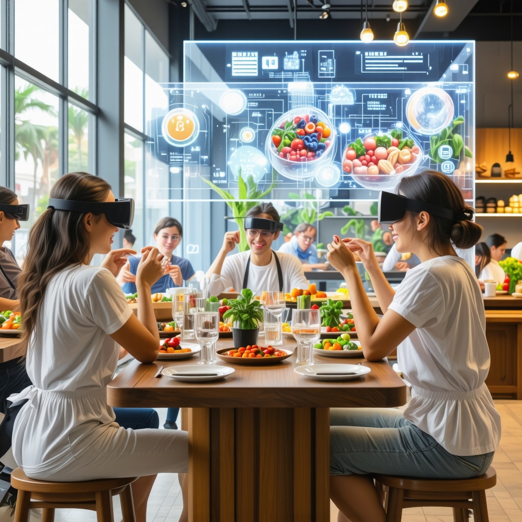 Tourists exploring traditional Thessaloniki dishes using AR glasses and blockchain interfaces in an eco-friendly restaurant setting