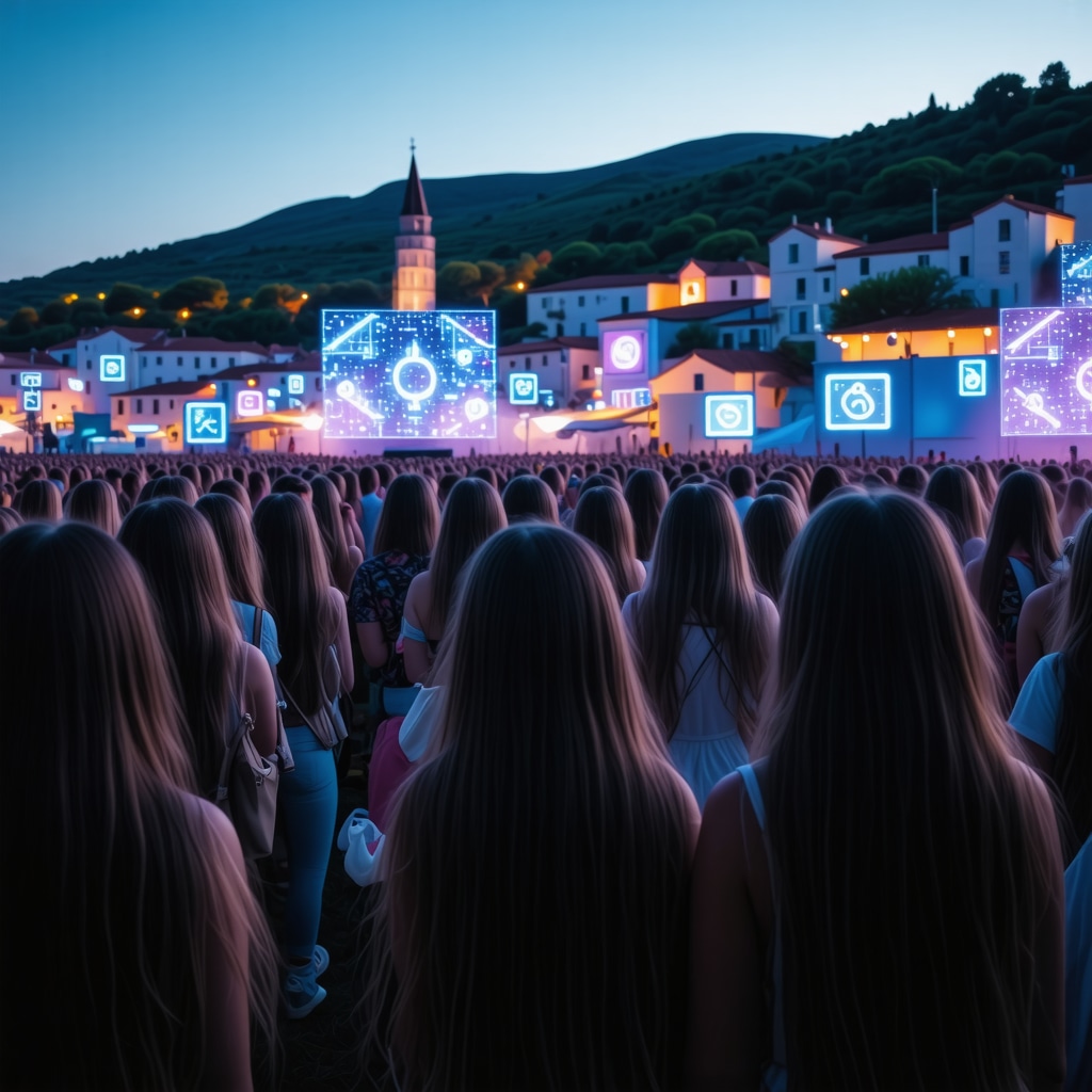 Holographic displays and diverse audience at a futuristic cultural festival in historic Nin, Croatia
