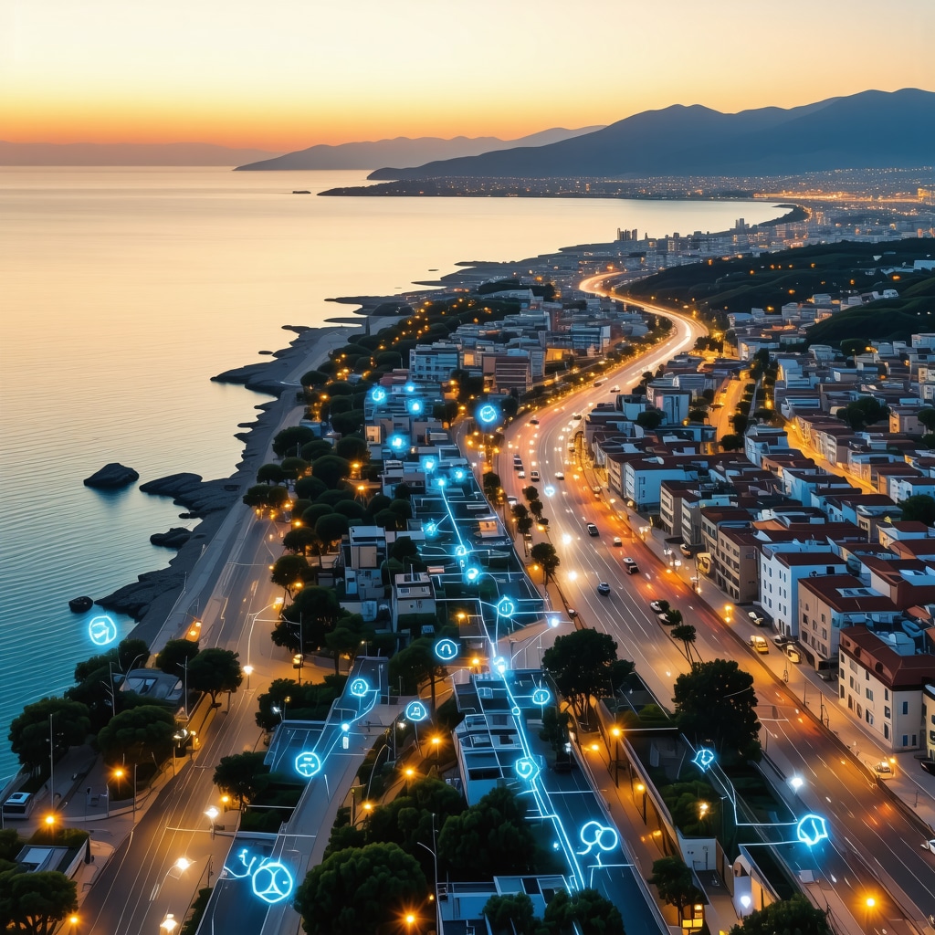 Digital illustration of Patras cityscape with blockchain and IoT technology overlays