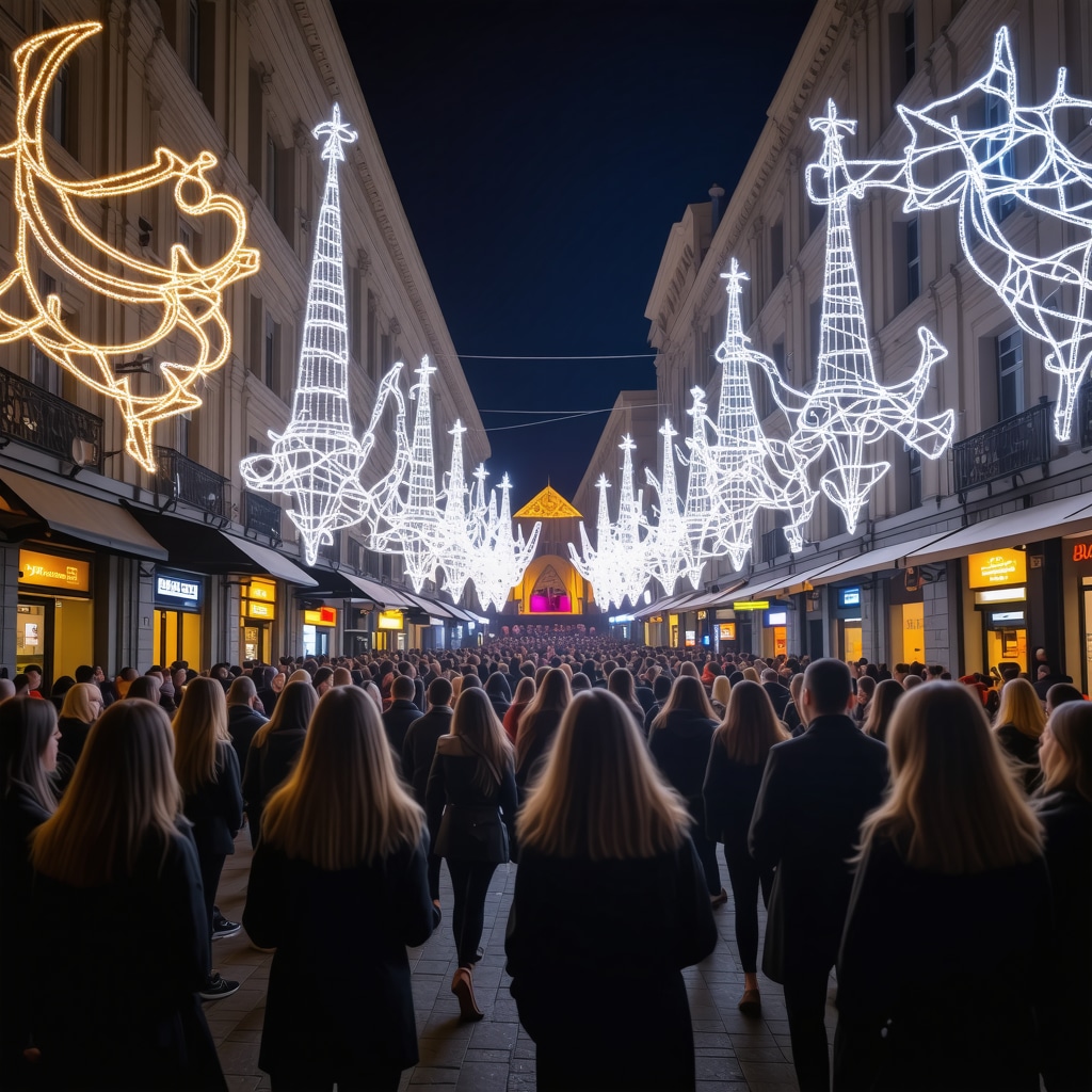 Illuminated streets of Gabrovo during Festival of Light and Music with artistic installations and crowd