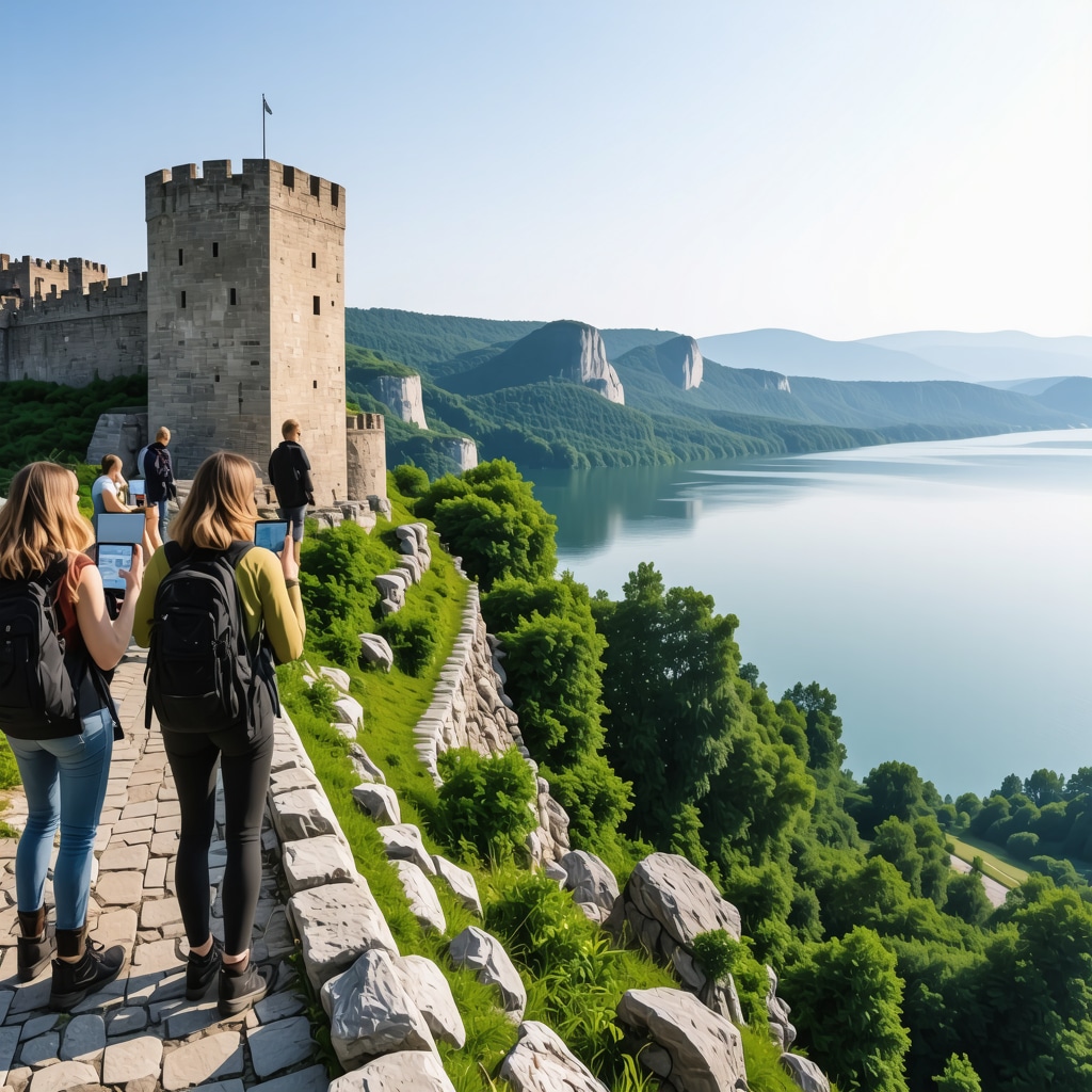 Panoramic view of Golubac fortress and Danube river featuring hikers using digital tools for sustainable tourism