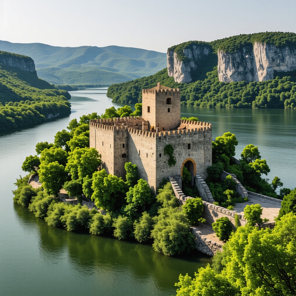 Scenic Golubac fortress by the Danube river with icons representing digital technology and eco-friendly tourism