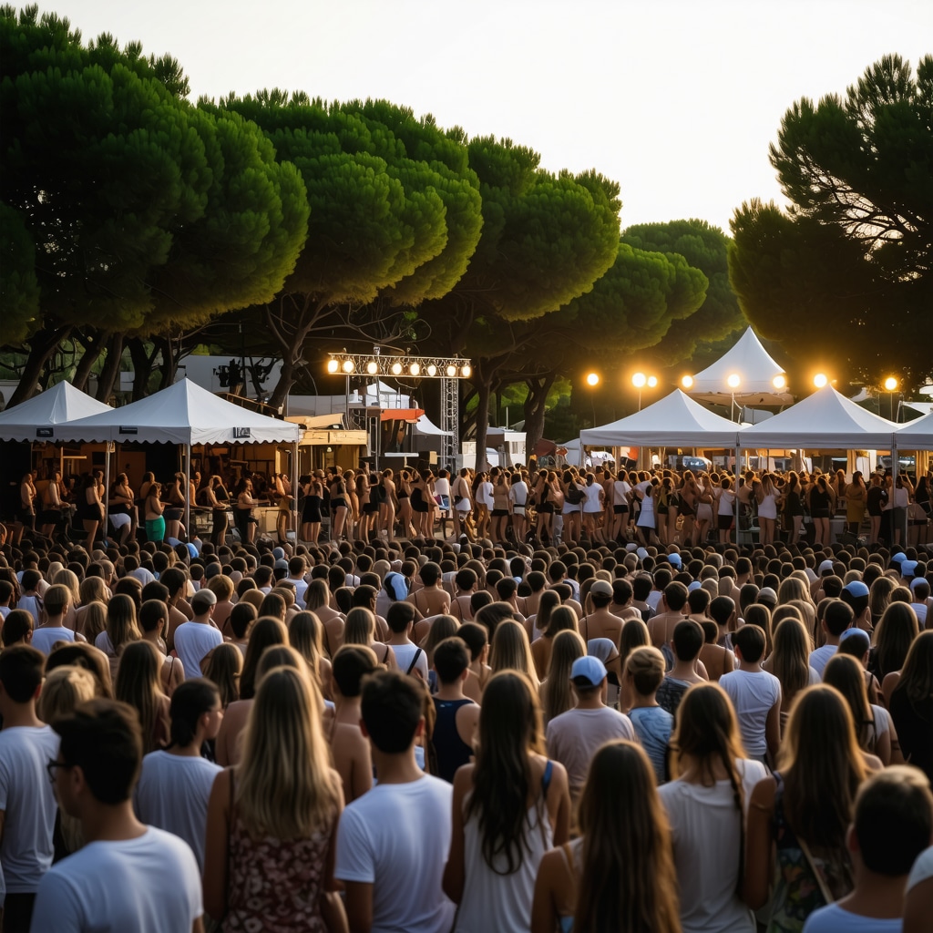 Crowd enjoying music and local food at an outdoor festival in Halkidiki during sunset