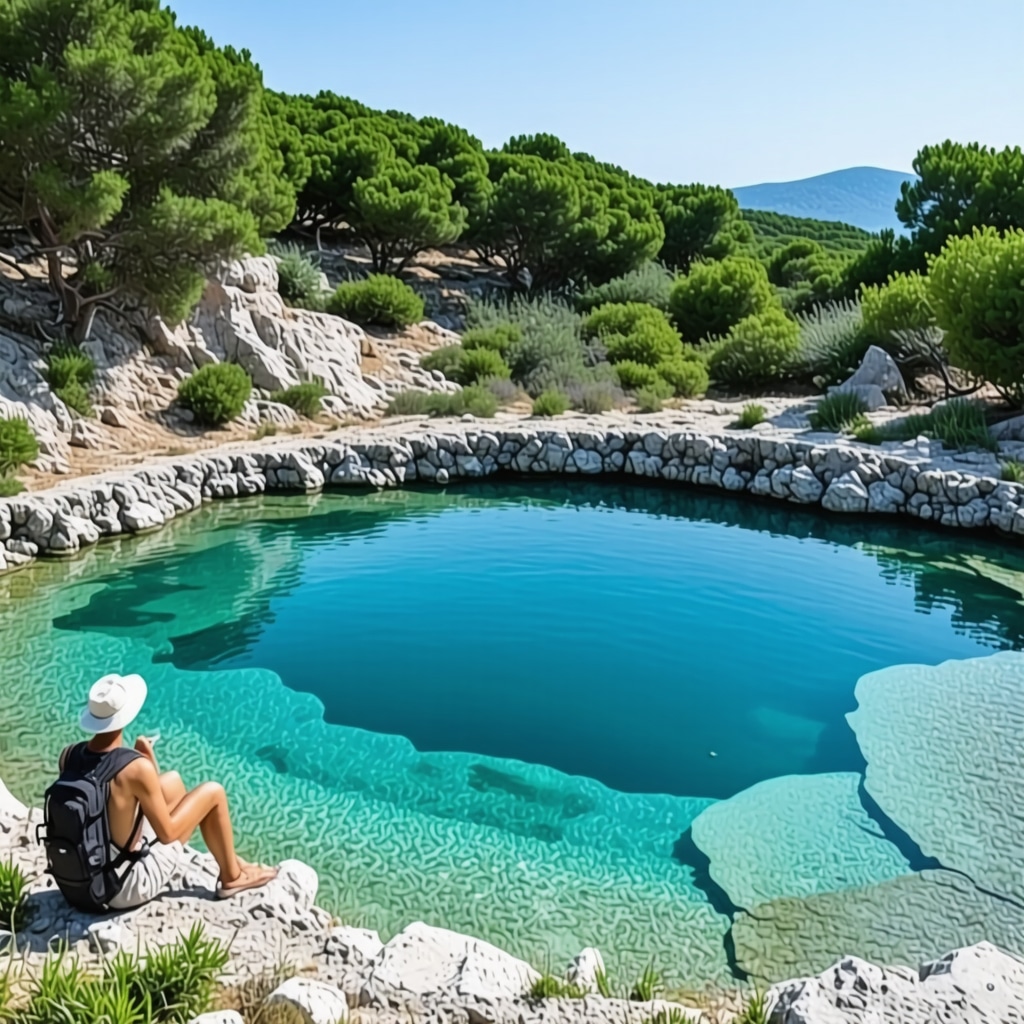Panoramic view of Halkidiki's natural pools with a hiker and lush surroundings