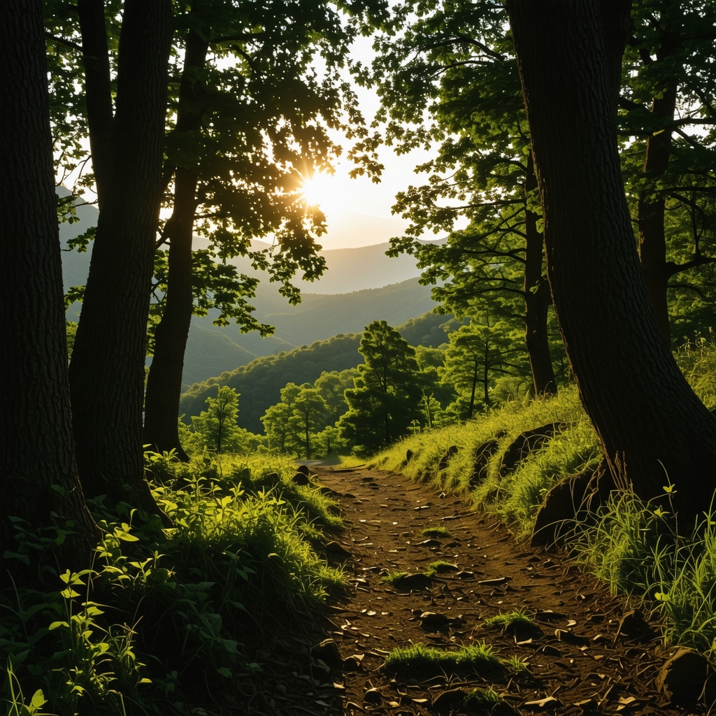 Hidden hiking trail near Višegrad with view of Drina river valley at sunset