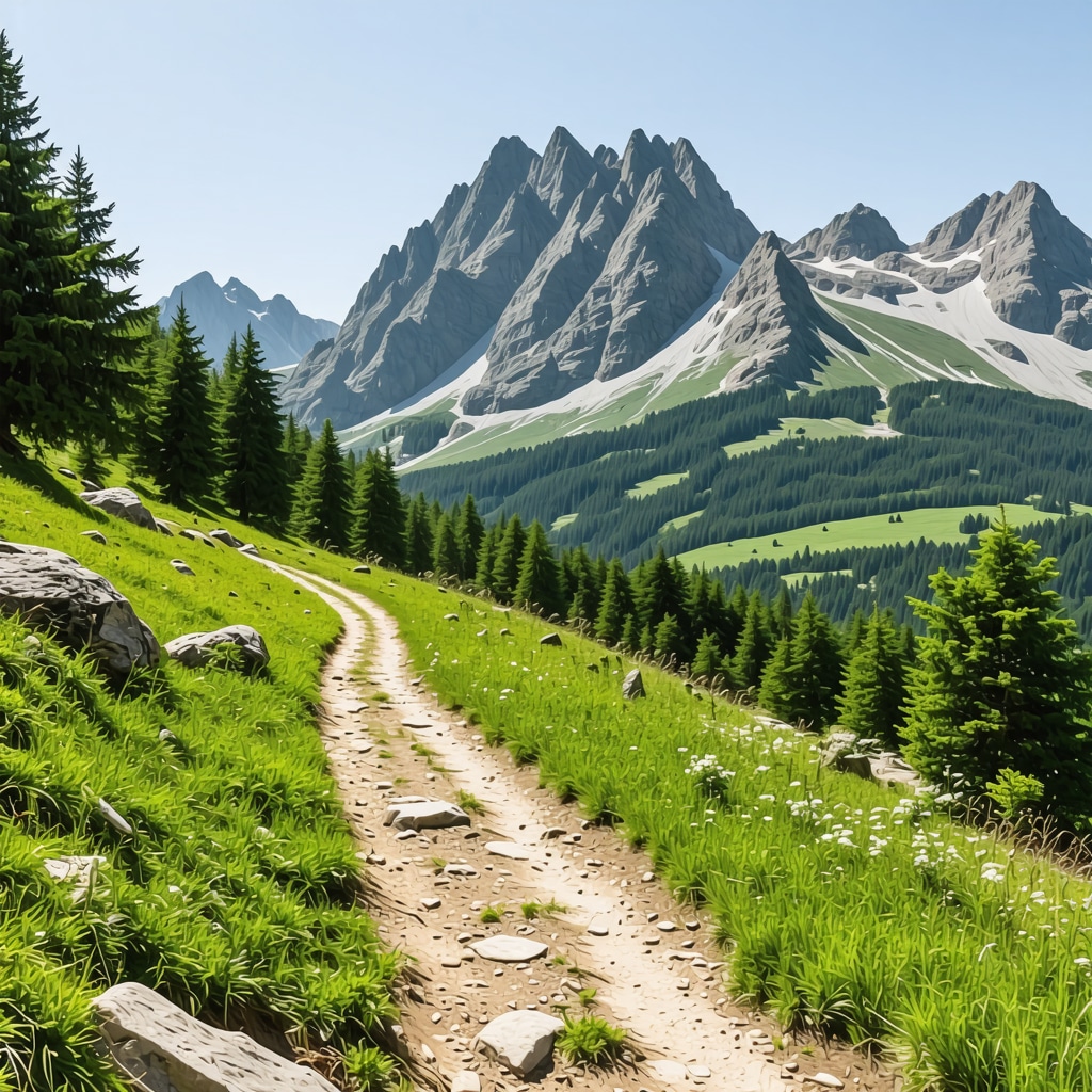 Mountain hiking trail in Durmitor National Park with panoramic views and lush forests