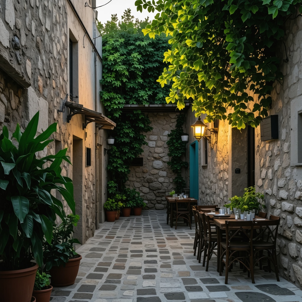 Serene hidden street in Rhodes old town with local tavernas and traditional architecture at sunset