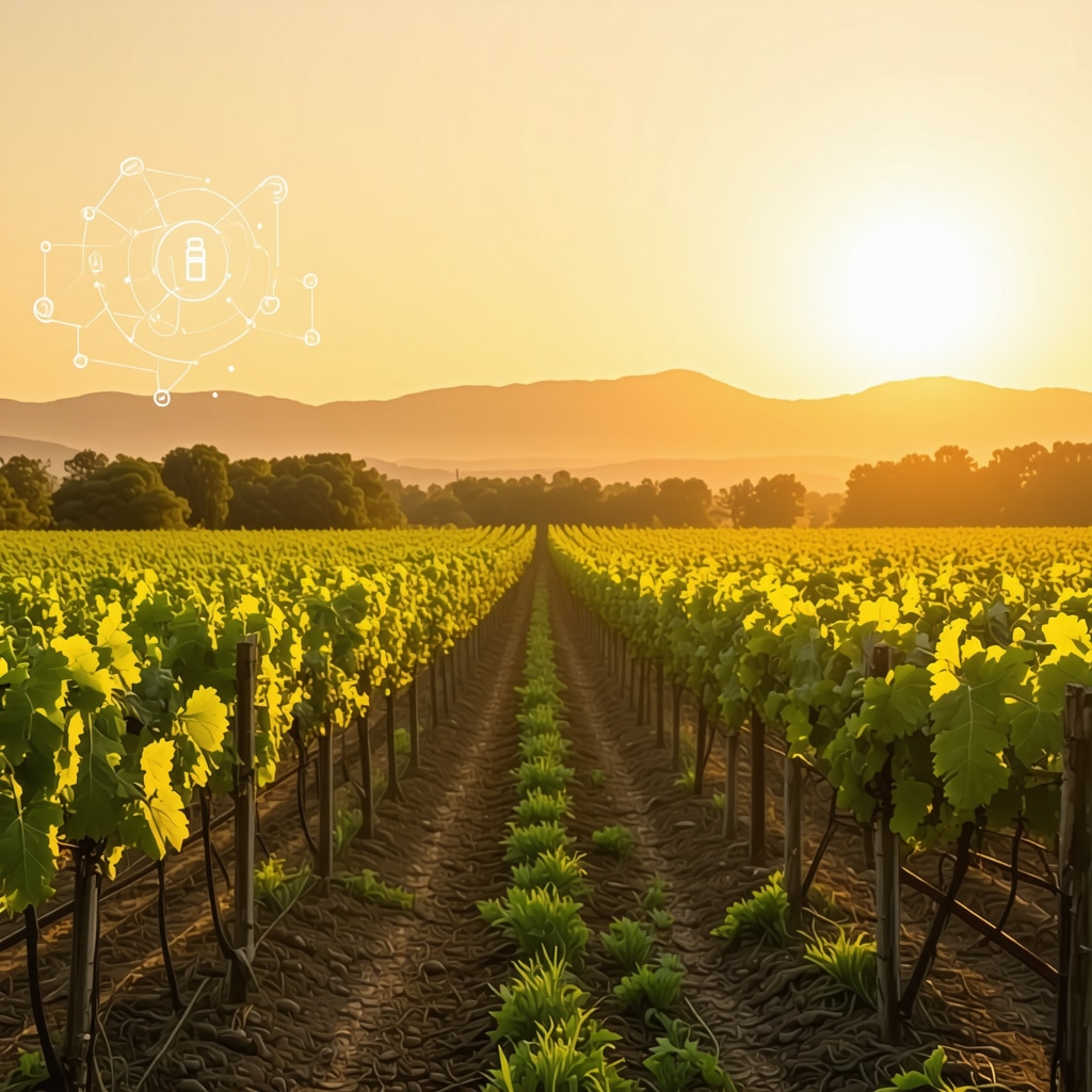 Vineyard in Maribor with digital sensors and blockchain technology icons illustrating modern wine production