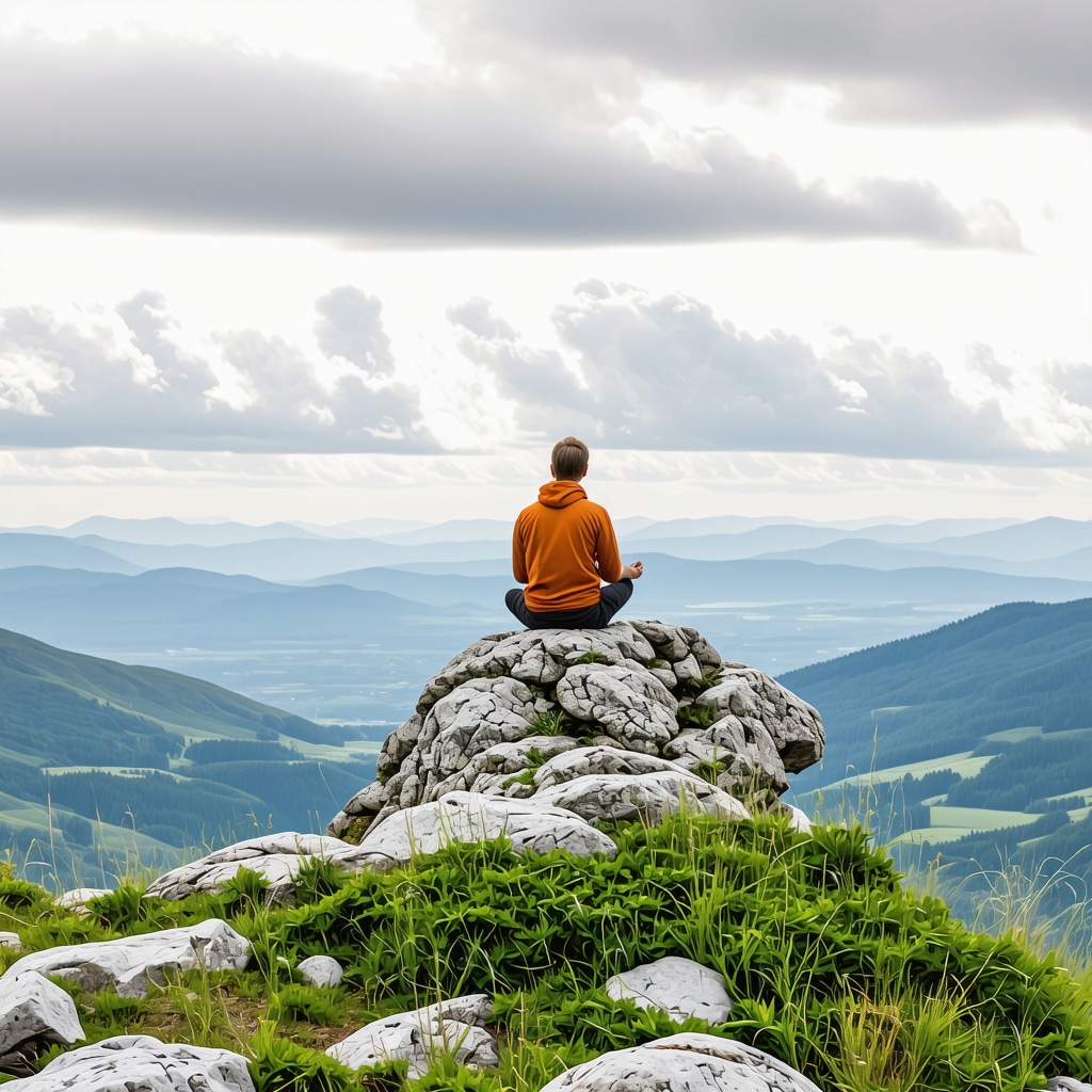 Hiker sitting meditatively on a rocky outcrop overlooking Mavrovo National Park and Korab mountain peak