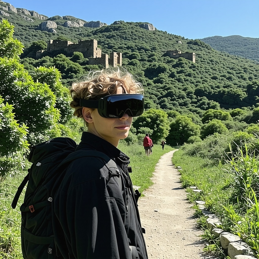 Hiker with augmented reality glasses exploring Kaz Dağları trail and ancient fortress ruins
