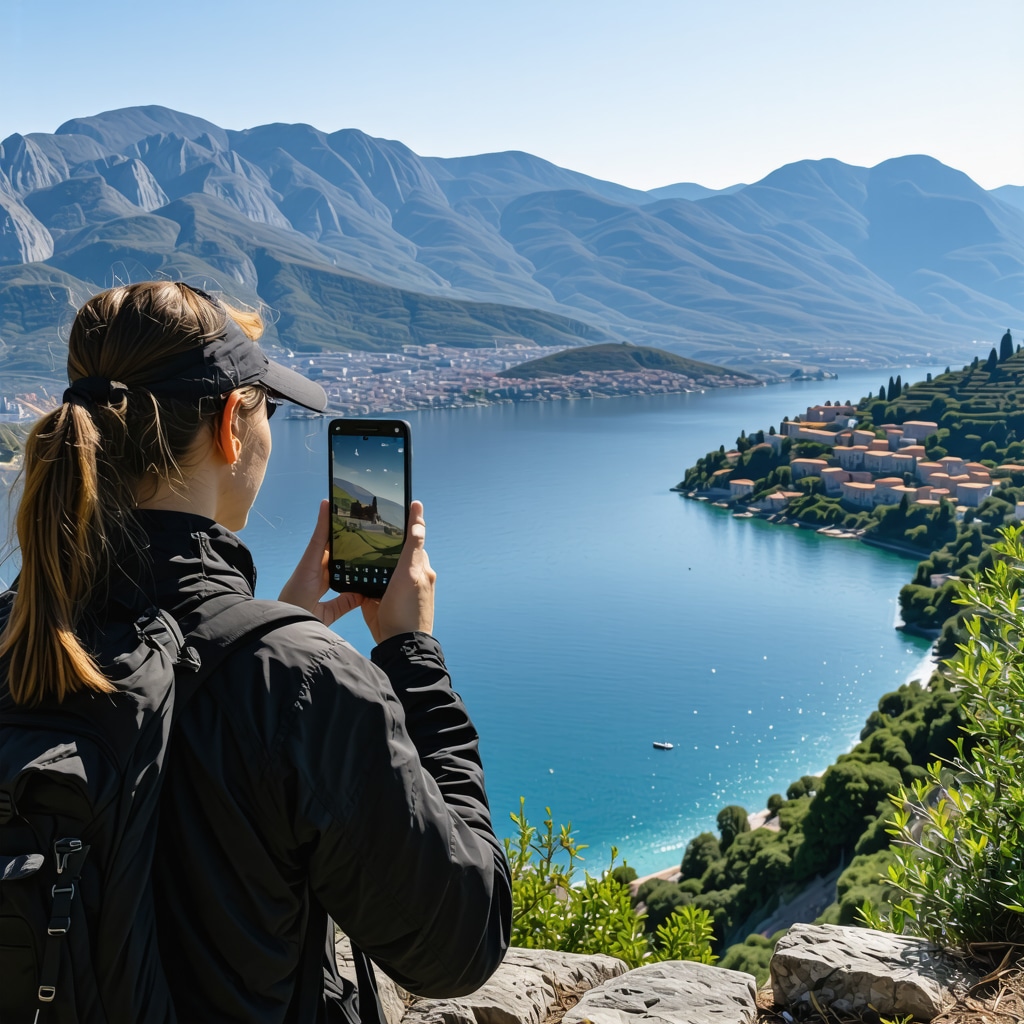 Hiker holding smartphone with AR overlay showing Kotor Bay landscape and fortress