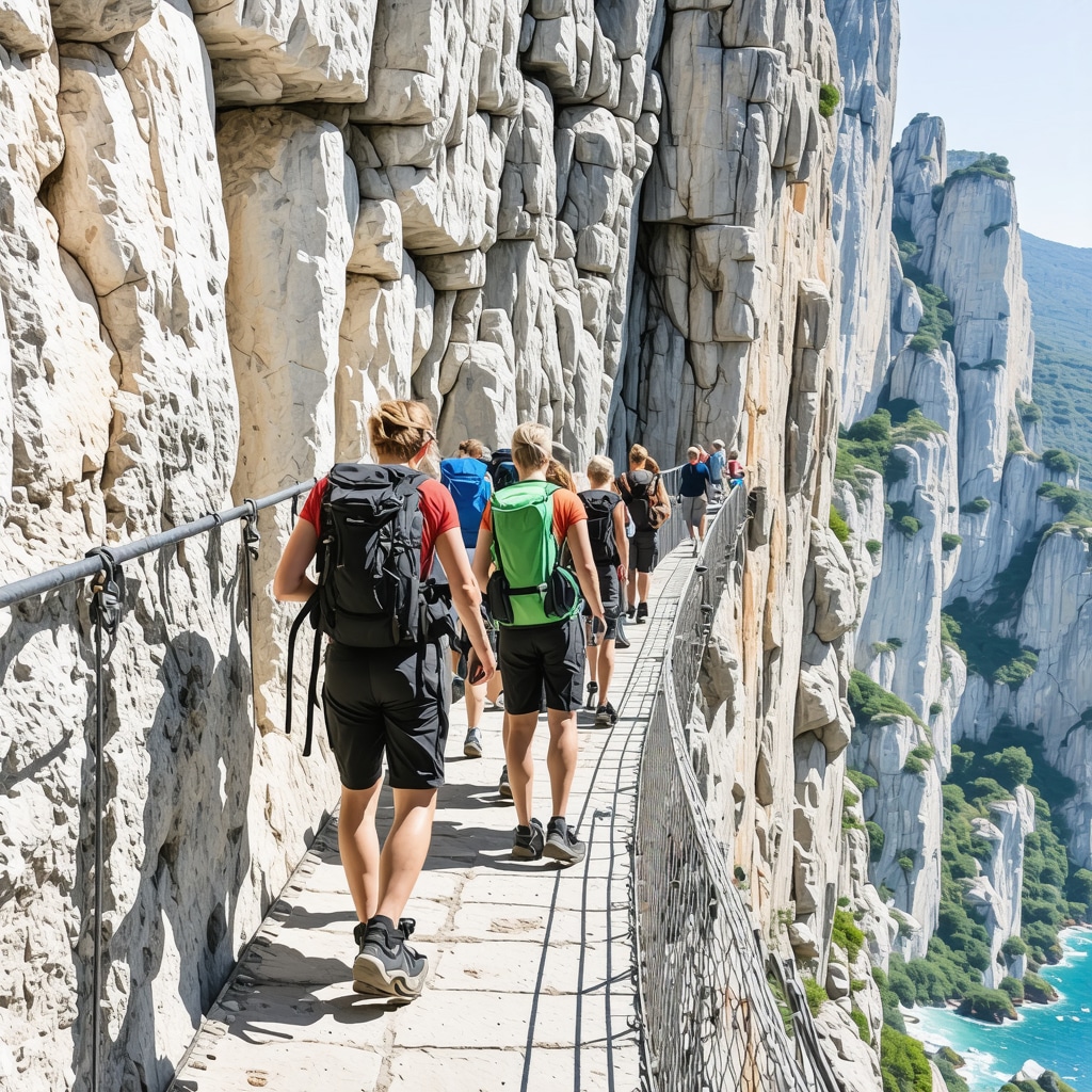 Experienced hikers navigating suspension bridges and rock faces in Paklenica National Park overlooking the Adriatic Sea