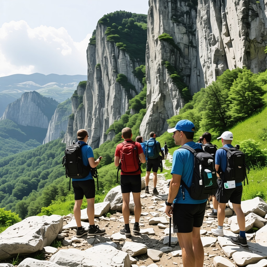 Hikers in Rugova Canyon using GPS devices and smart watches for navigation in natural environment