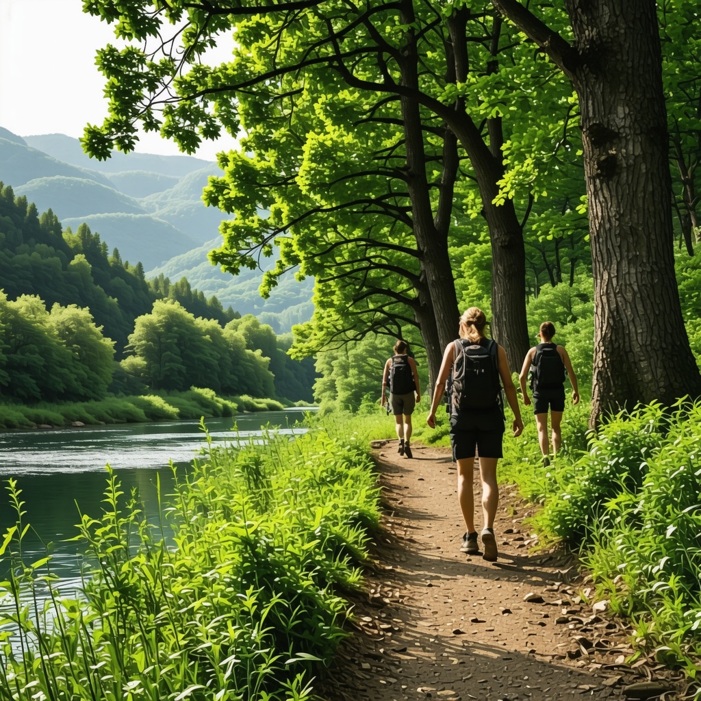 Hikers walking along a forest path near the Drina river in Foča, showcasing ecotourism