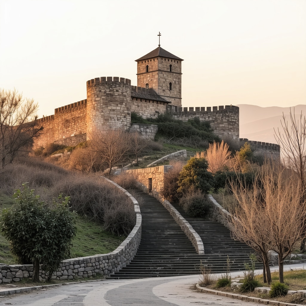 Fortress and religious monuments in Novi Pazar bathed in warm sunset light