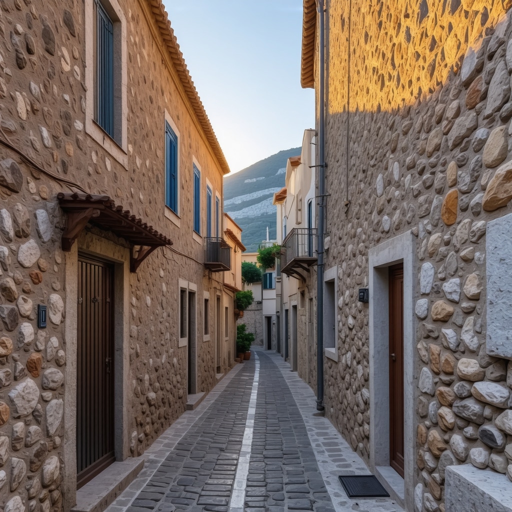 Narrow street in Nafplio with stone buildings and warm sunset lighting