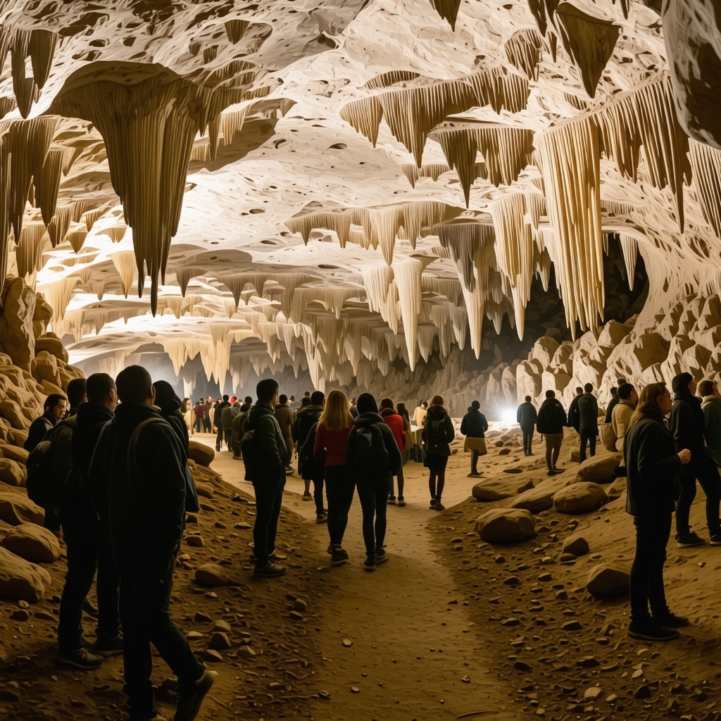 Visitors exploring the well-lit stalactite and stalagmite formations inside Postojna Cave