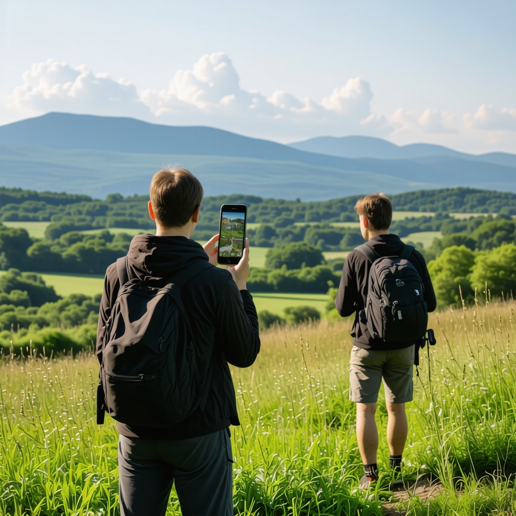 Hikers in Knjaževac using smartphones with augmented reality overlays of local landmarks