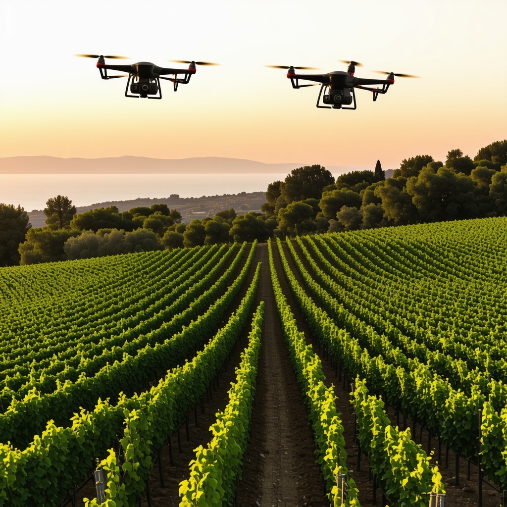 Modern vineyard on Vis island with drones and winemakers during sunset