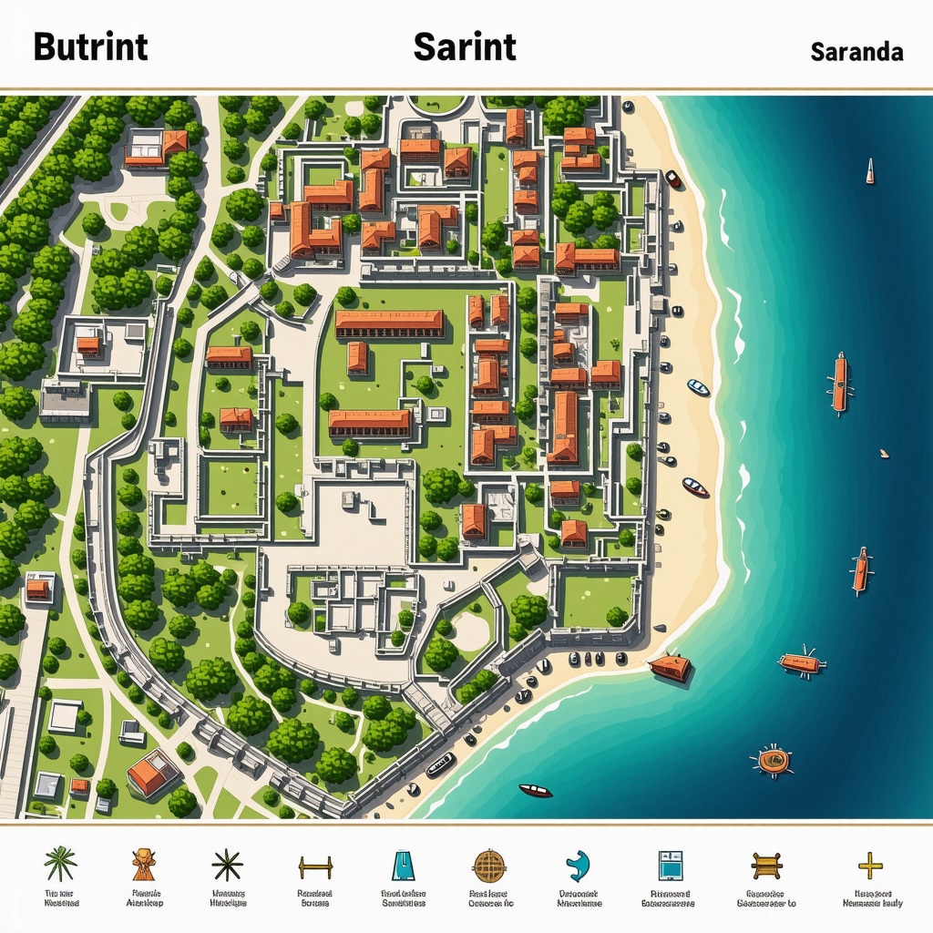 Tourists using a digital interactive map app at Butrint archaeological site in Saranda with Mediterranean coast in background