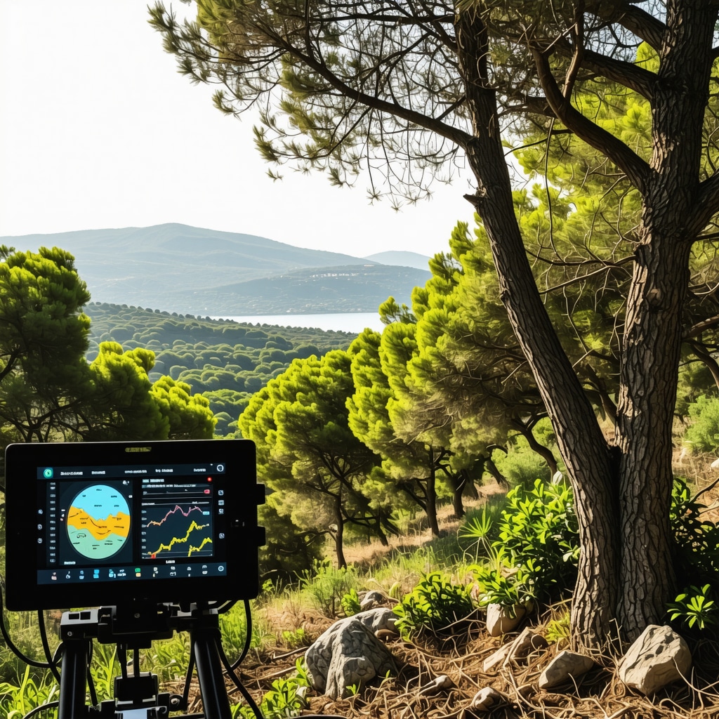 IoT sensors installed in forest environment with digital data analytics overlay illustrating eco-tourism management