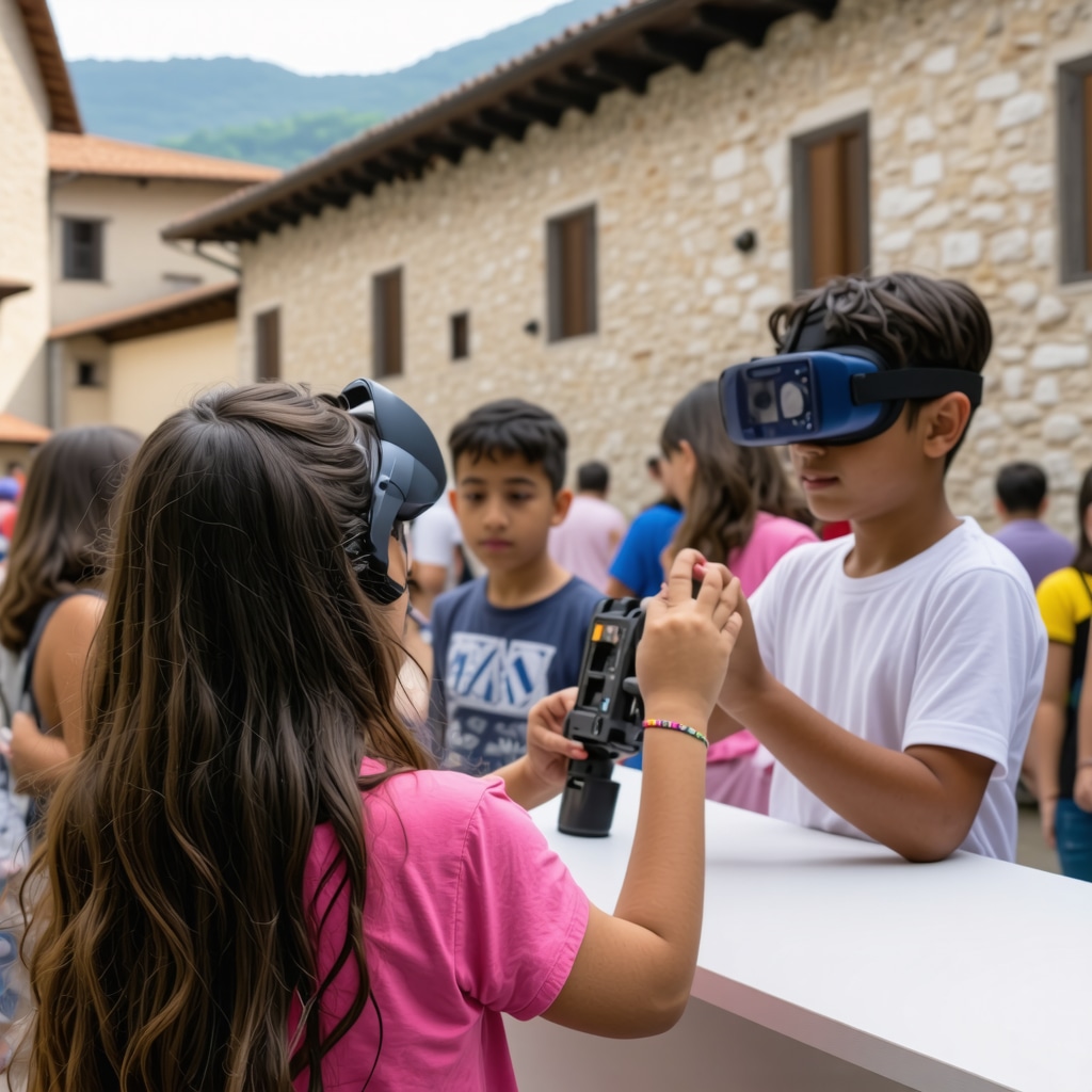 Festival attendees using VR devices in front of medieval Jajce fortress during cultural festival