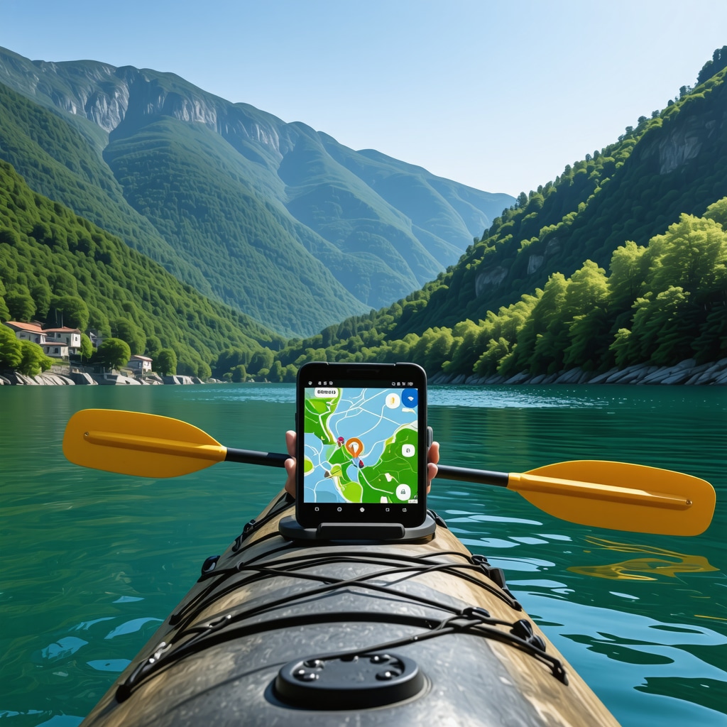 Kayaker on Ohrid Lake with smart device showing AR landmarks
