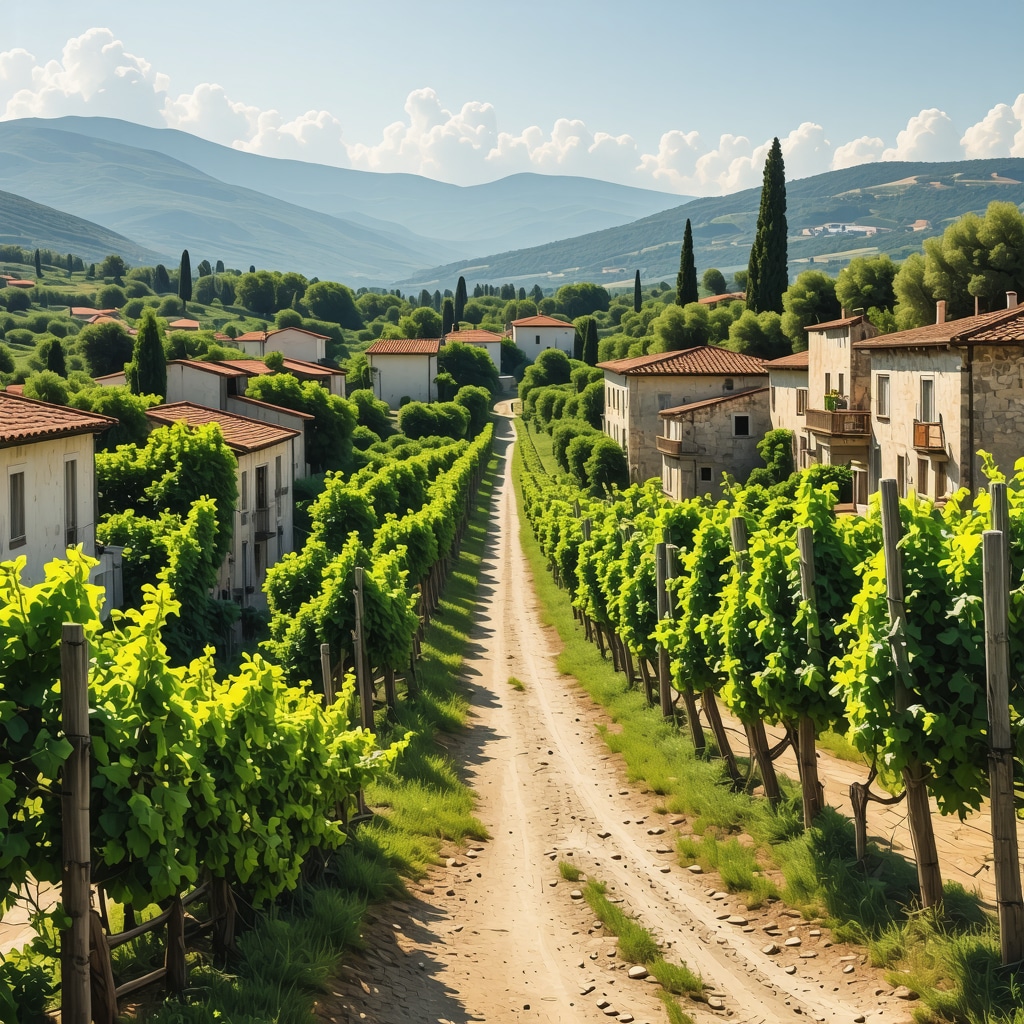 Illustration of Korçë's historic district integrating digital AR/VR tourism technologies with natural and vineyard landscapes