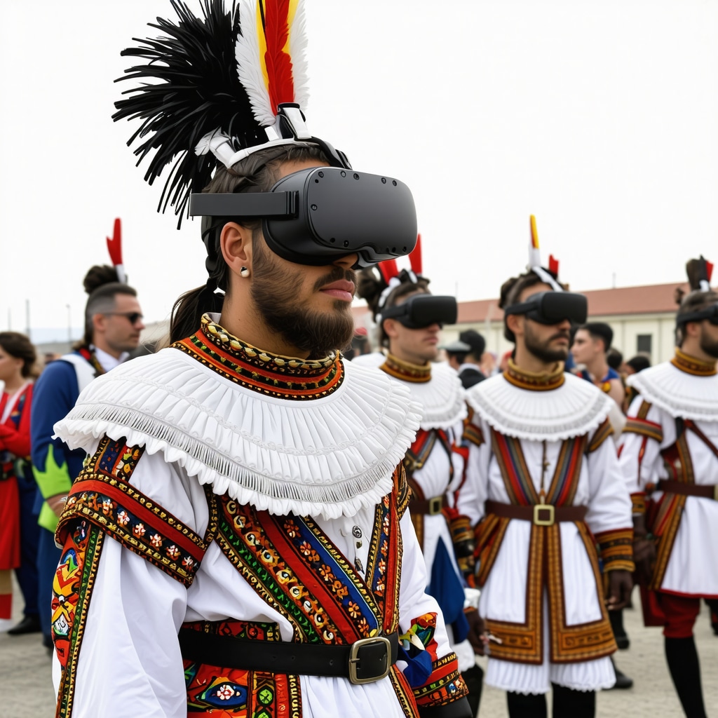 Festival attendees in traditional Balkan attire interacting with digital VR installations at Kumanovo 2024