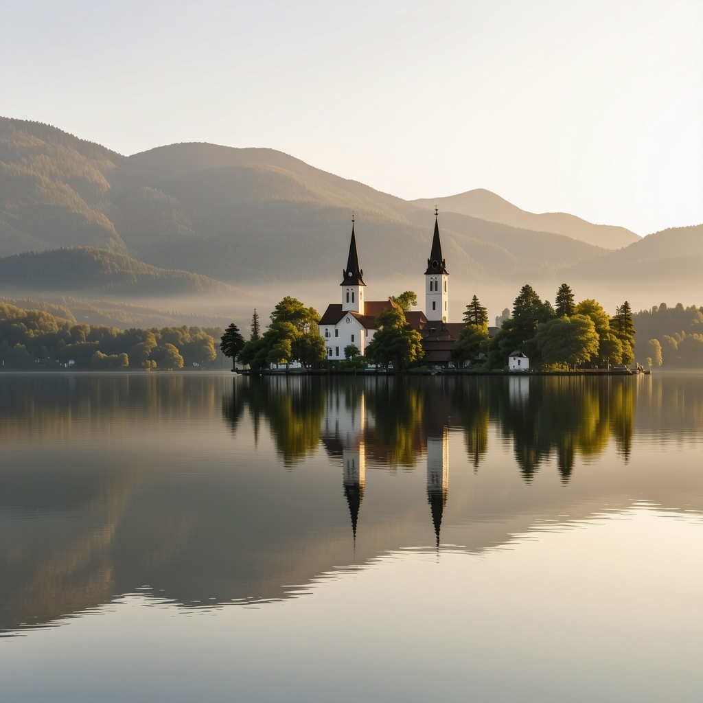 Serene view of Lake Bled at dawn with the island church reflected in calm waters and alpine mountains in the background