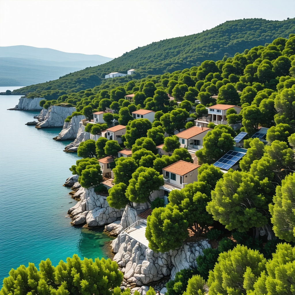 Aerial view of Lastovo island with forests, bays, and solar panels on eco-friendly buildings