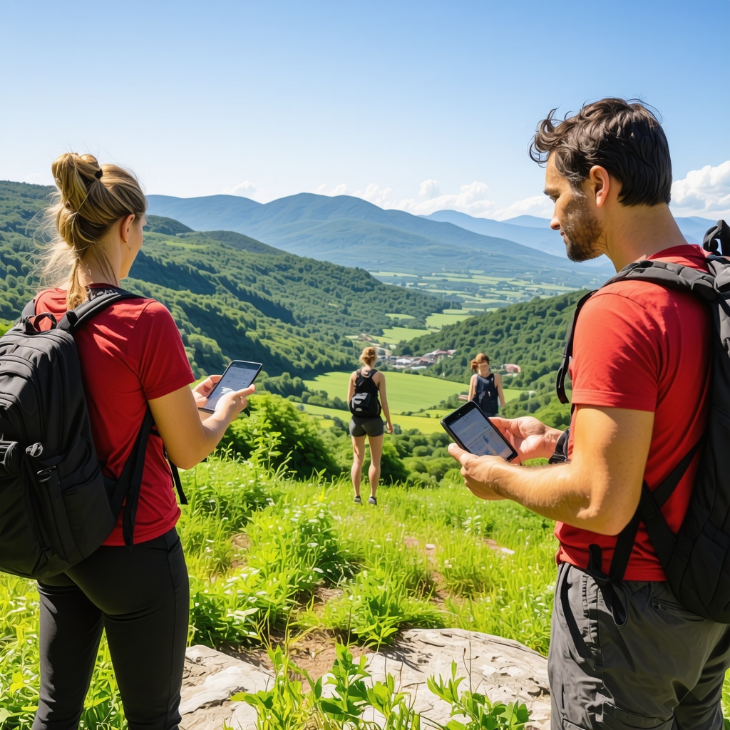 Panoramic view of Ljubuški nature with hikers and local guides representing sustainable eco-tourism and technology