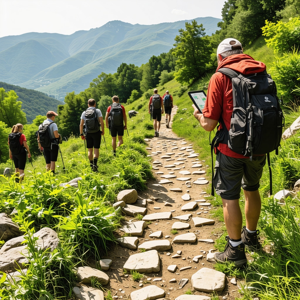 Hikers using GPS and digital maps in Lovćen National Park surrounded by traditional mountain scenery and local guides