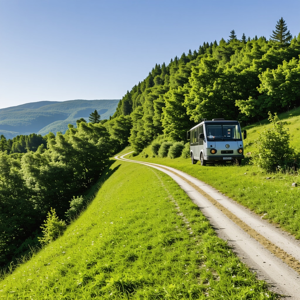Panoramic view of Lovćen National Park with solar-powered trail lights and electric shuttle vehicles in natural mountain scenery