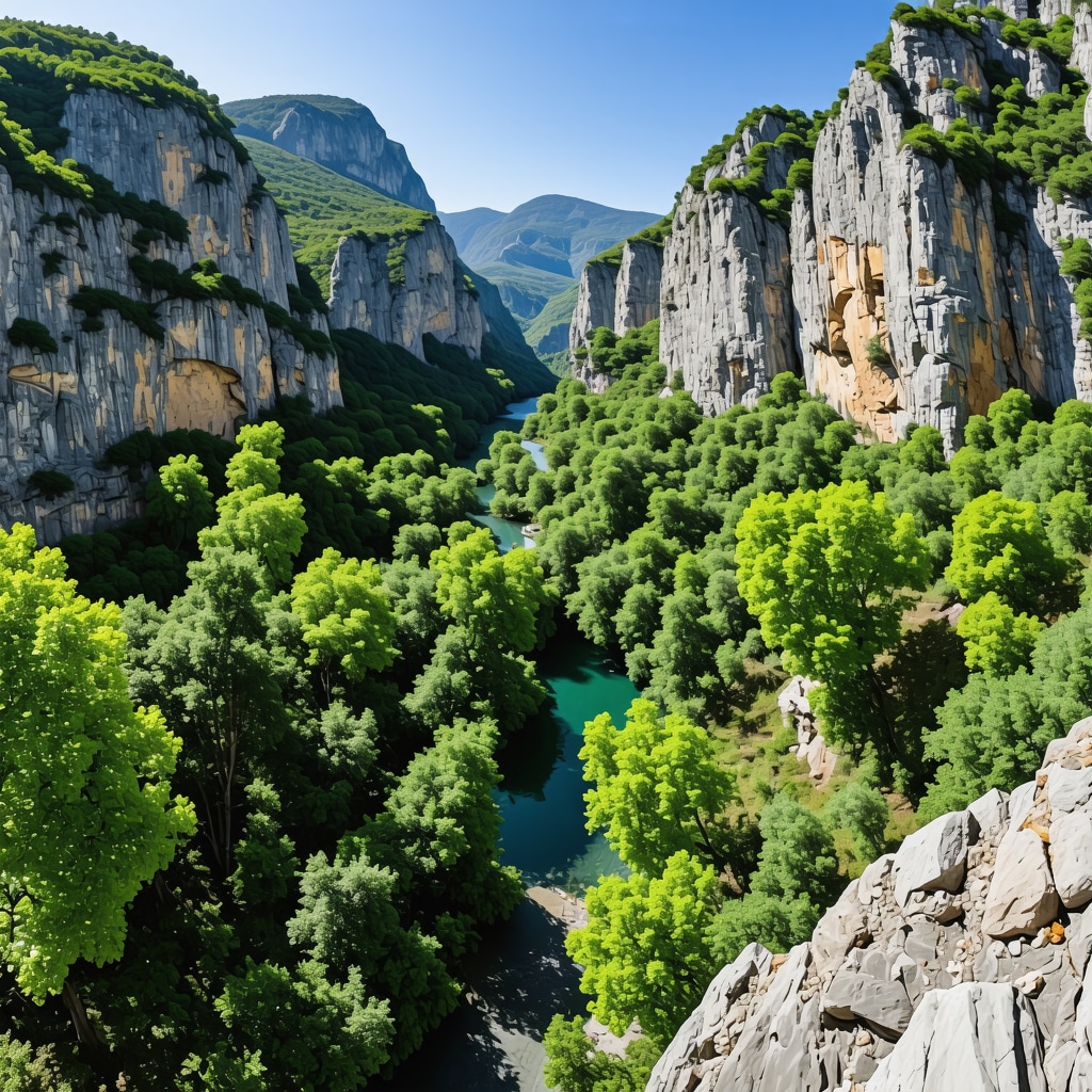 Panoramic view of Matka Canyon with digital eco-monitoring and augmented reality overlays